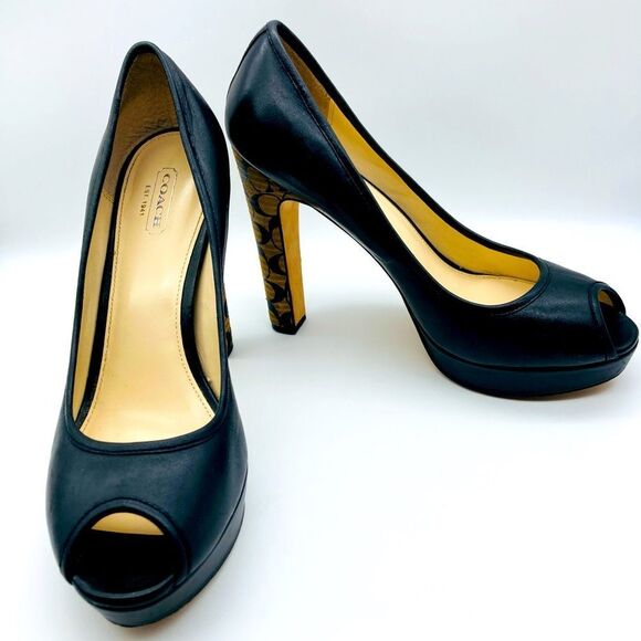 Coach Breana Black Leather Monogram Platform High Heels 9,5B - Picture 3 of 12
